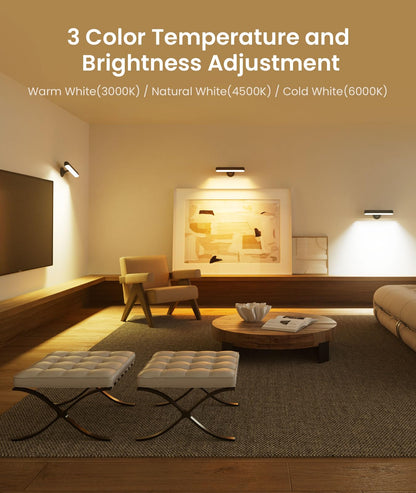Rechargeable 7500mAh Battery Operated Wall Sconces for Bedroom,LED Wall Lights with Remote Control and Touch,360° Rotation,3 Colors Temperatures Dimmable Black Wall Lamps with 15 RGB Colors,2 Pack