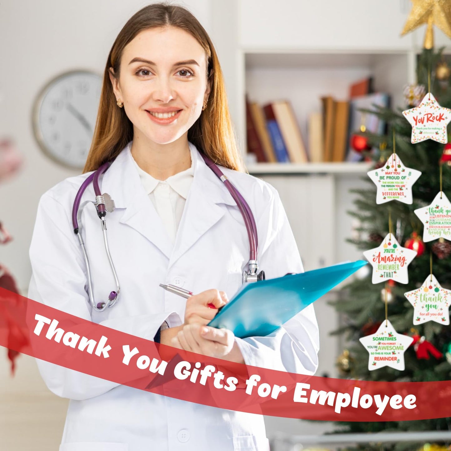 Tioncy 20 Pcs Christmas Thank You Ornament Gifts for Coworkers Employee Appreciation Gifts Thank You for Being Awesome Star Hanging Plaque for Teacher Friend Office Xmas Tree Decoration (Ceramic)