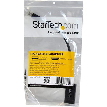 StarTech.com MDP2HD4KS Mini DisplayPort to HDMI 4K Audio / Video Converter – mDP 1.2 to HDMI Active Adapter for UltraBook / Laptop – 4K @ 30 Hz - Black