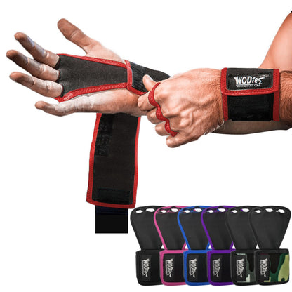 JerkFit WODies Gymnastics & Weightlifting Grips with Wrist Wraps – 3 Hole Versatile Gym Gloves for Pull Ups, Gym Training & Cross Training – Hand Grips Palm Protector for Men & Women