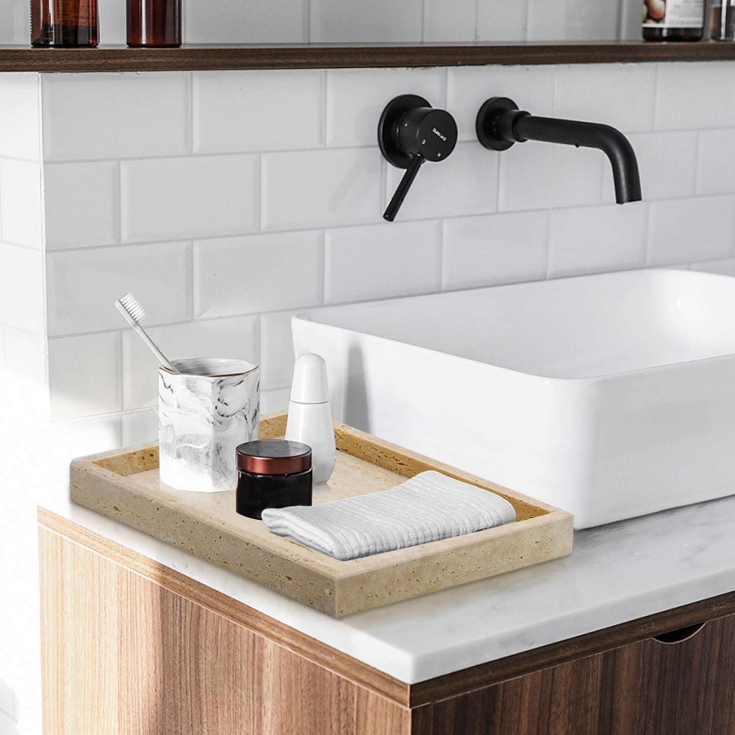 MULWR Travertine Tray,Bathroom Vanity Tray Non-Ceramic/Non-Resin,Marble Perfume Decorative Tray 12 x 8 inch (Travertine)