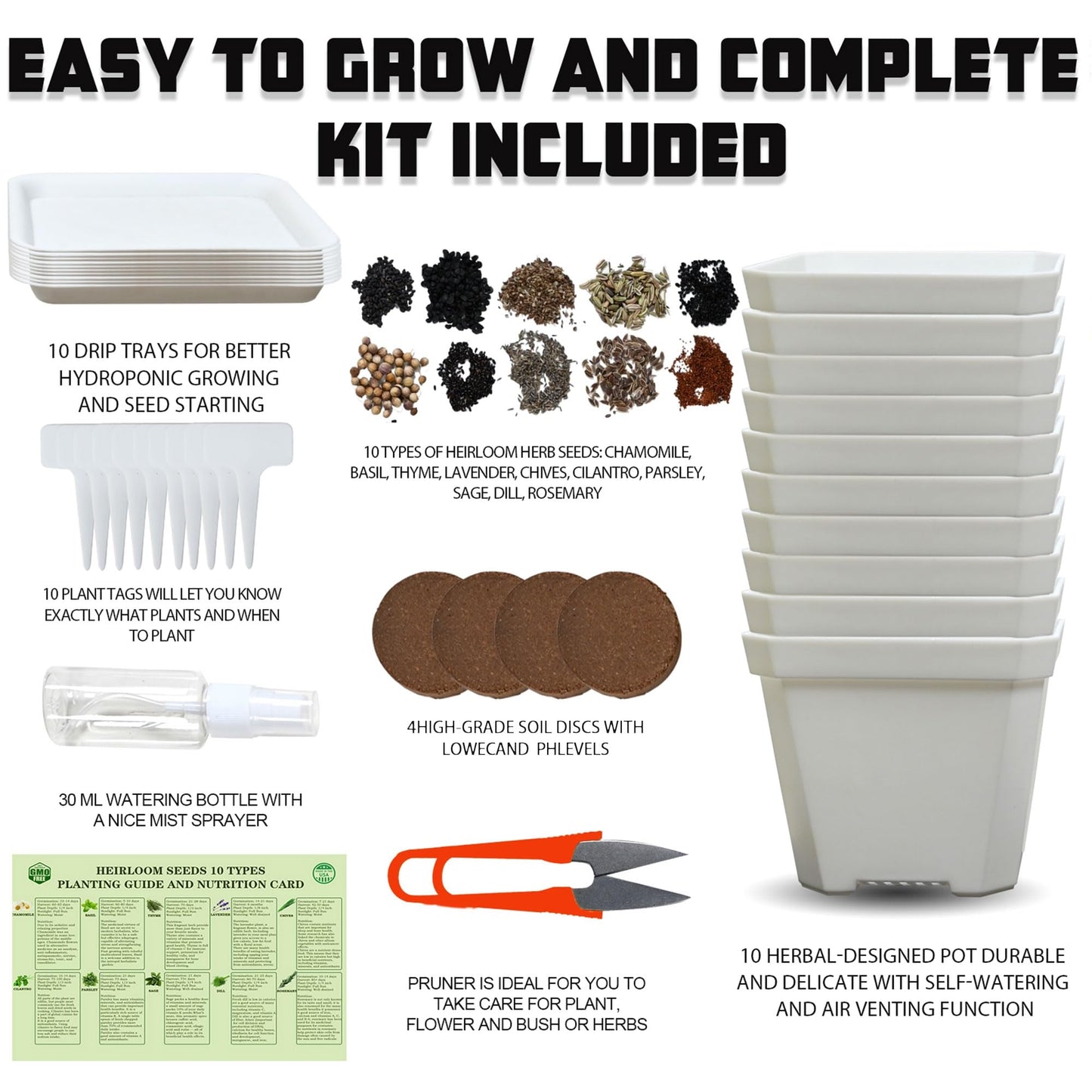 Meekear 10 Herb Seeds Garden Starter Grow Kit with White Pots, Markers, Nutritional Soil, Watering, Herb Clipper, Complete Indoor Potted Plant Growing Set for Kitchen DIY