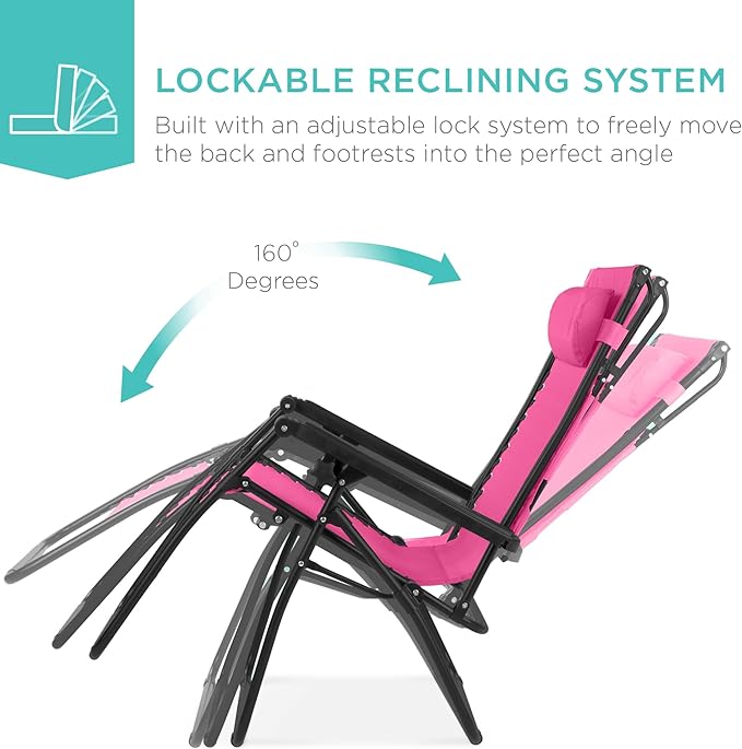Best Choice Products 30” Wide Folding Zero Gravity Outdoor Recliner Patio Lounge Chair w/Adjustable Canopy Shade, Headrest, Side Accessory Tray - Hot Pink/Black