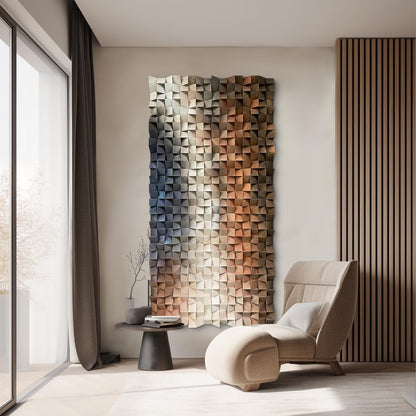 LIUZEYUE 3D Wall Art Modern Abstract, Solid Wood Mosaic Panel in Blue White Orange, Textured Feature Wall Decor for Living Room Above Sofa, 23.6x47.2 Inches