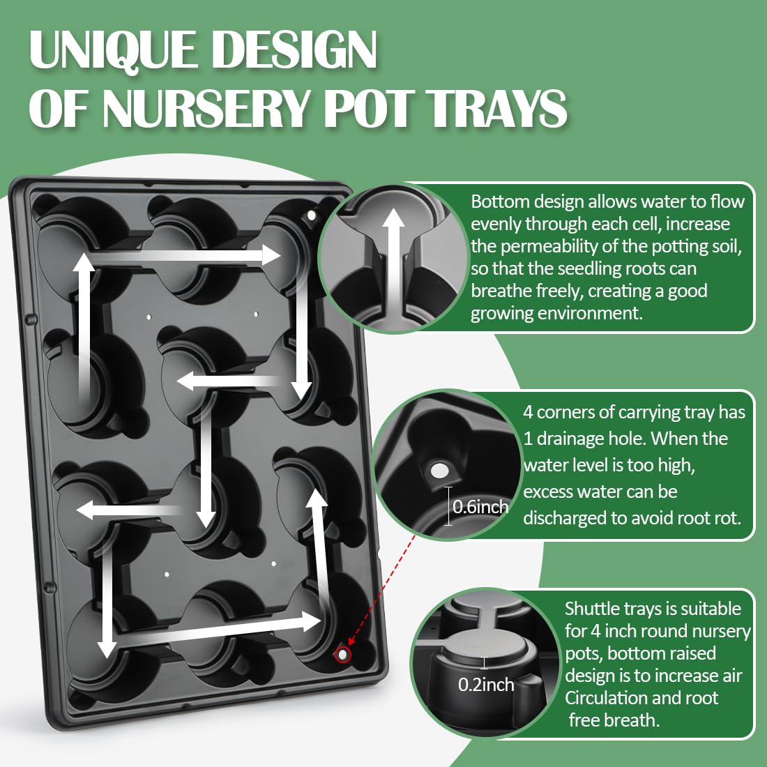 RooTrimmer 12 Cell Nursery Pot Trays 5 Pack with 4 Inch Clear Plant Pots 60 Pack, Thick Sturdy Seeds Starting Germination Shuttle Carrying Trays, Black Small Planter Nursery Propagation 5 Sets