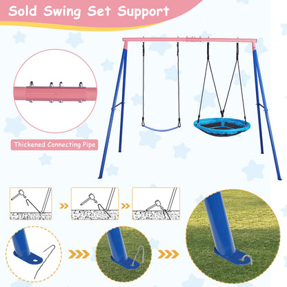 Lunafun Outdoor Swings for Kids, 440lbs, Heavy-Duty A-Frame Metal Outdoor Swing Stand, 1 Saucer & 1 Belt Swing Seat for Playground, Backyard Blue