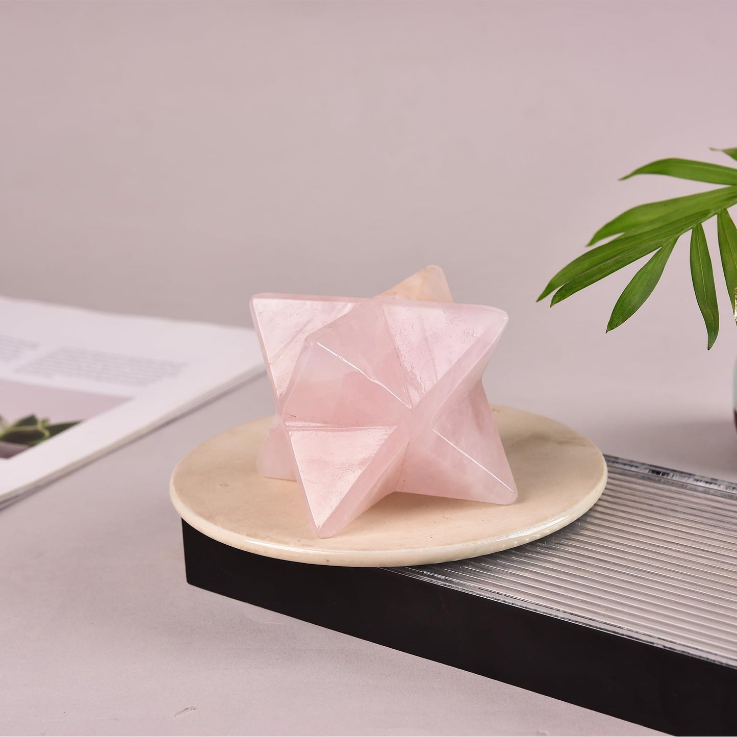 JIC Gem Large Pink Merkaba Healing Crystal Natural Rose Quartz Merkaba Crystal Grid Home Decor Spiritual Gifts Reiki 3D Star Dodecahedron (10-11cm)