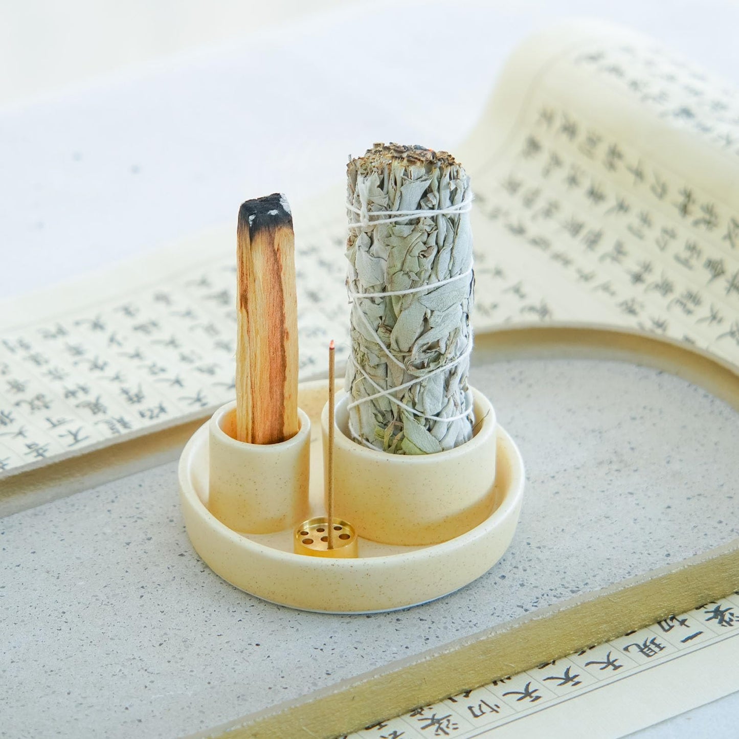 4 in 1 Incense Holder, Ceramic Incense Stick and Palo Santo Holder,Sage Holder for Burning- 4.25" Ceramic Ash Catcher Tray for Meditation and Yoga Room (Sand)