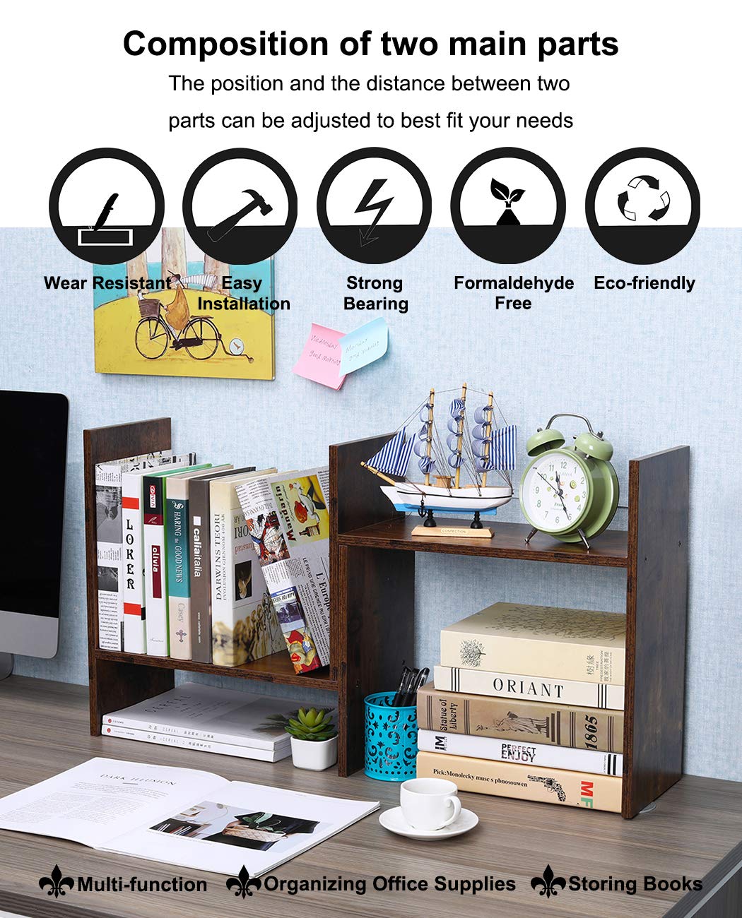 PAG Adjustable Desktop Shelf Wood Small Bookshelf Desk Supplies Organizers and Accessories Storage Display Rack Office Decor, Antique Brown