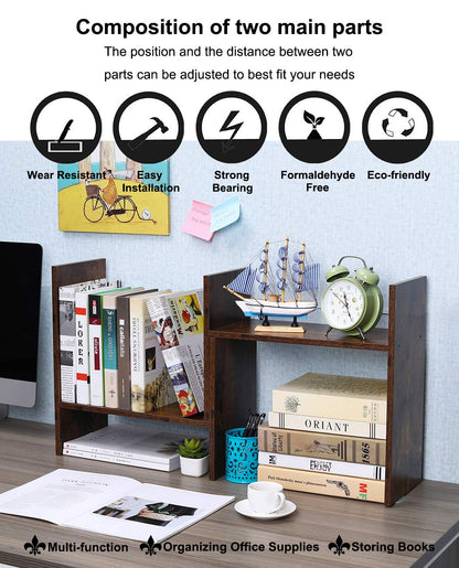 PAG Adjustable Desktop Shelf Wood Small Bookshelf Desk Supplies Organizers and Accessories Storage Display Rack Office Decor, Antique Brown