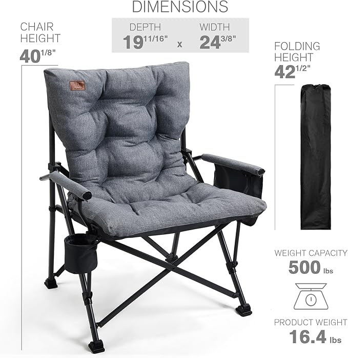EVER ADVANCED Padded Oversized Folding Camping Chair for Adults, Heavy Duty Lawn Chair with Side Pockets, Portable Collapsible Quad Chair for Outside, Support Up to 500lbs, Grey 2Pack