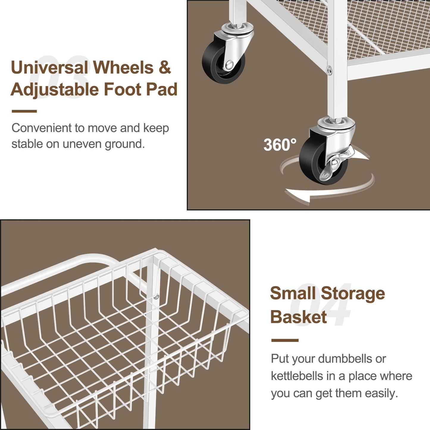 Weight Rack for Dumbbells Yoga Mat Storage Rack Home Gym Equipment Storage Rack Workout Equipment Storage Cart with Hooks for Yoga Mats, Dumbbells, Kettlebells, and Resistance Bands, White