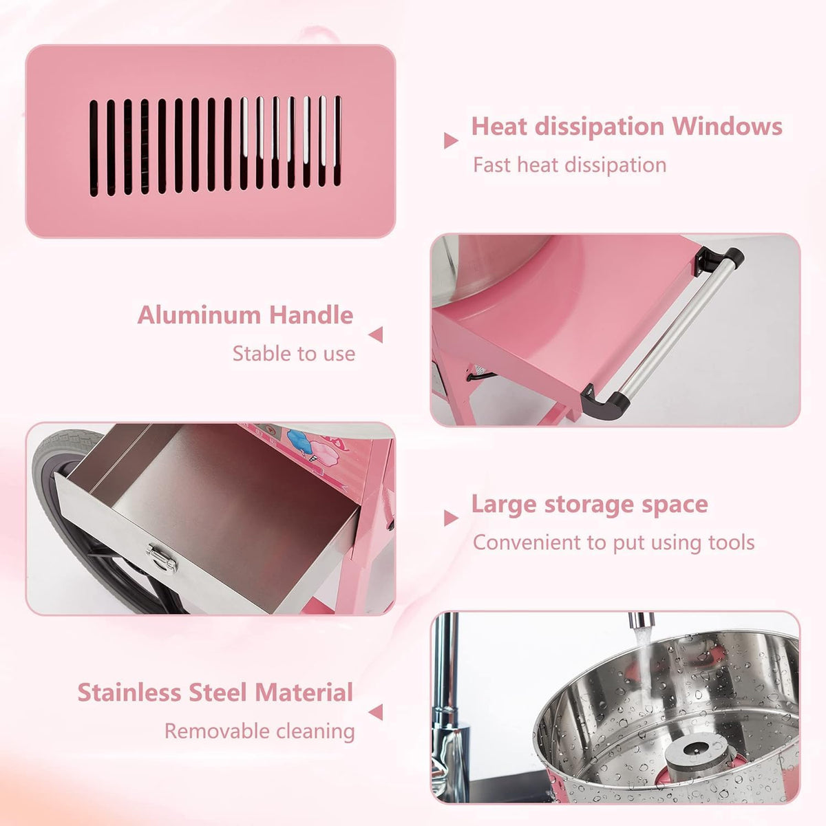 Electric Candy Cotton Machine With 20 in Stainless Steel Bowl,Cotton- Candy Maker Machine for Kids With Cart,Nostalgia Candy Cart Commercial For Party, Home,Festival,Amusement Park,Carnival,Pinks