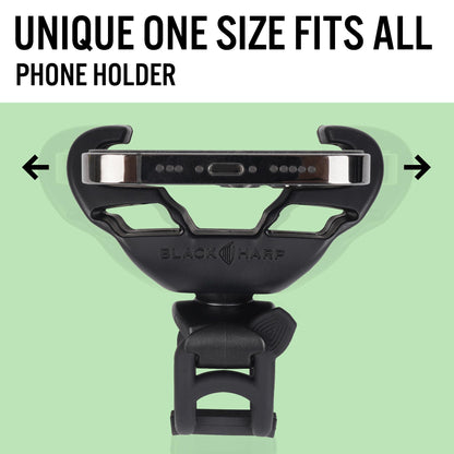 Black Harp Golf Push Cart Phone Holder - Silicone Phone Mount Compatible with Clicgear, Sun Mountain, Caddytek, Rovic, Caddy, Bag Boy & More- Golf Push Cart Accessories for Cell Phones