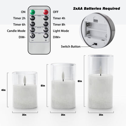 VIODAIM Ice Crystal Real Wax Glass Flameless Candles with Remote & Timer, Battery Operated Candles with Warm Flickering Flame, Realistic LED Candle for Wedding Home Decor [D3×H4/5"/6"] Clear, 3Pack