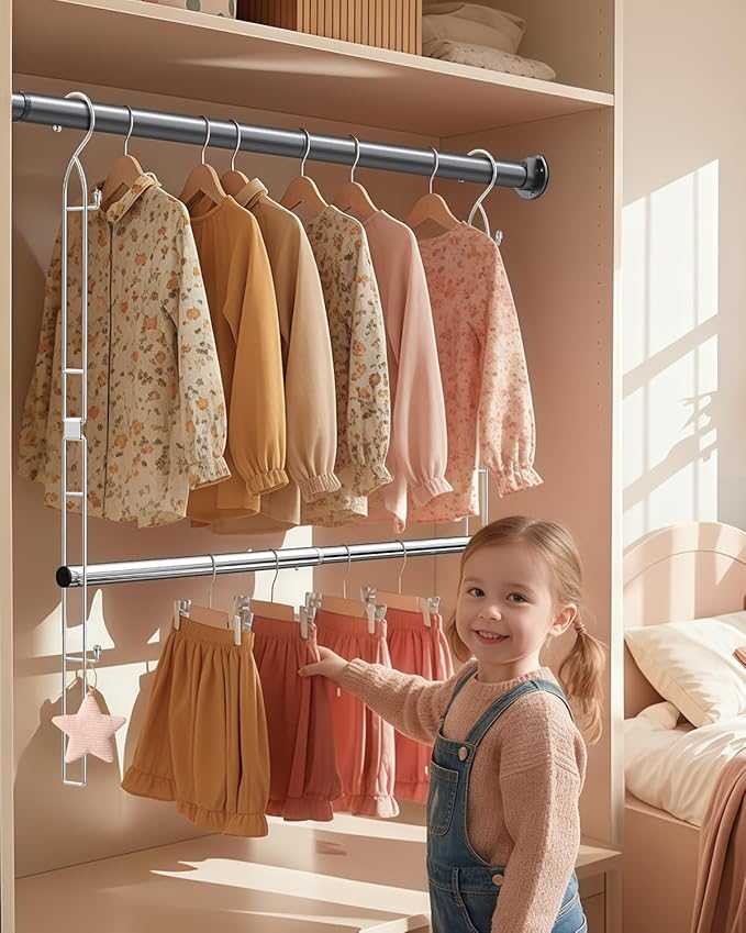 Hanging Closet Rod Stainless Steel, 1 Pack Adjustable Height & Width Closet Rod