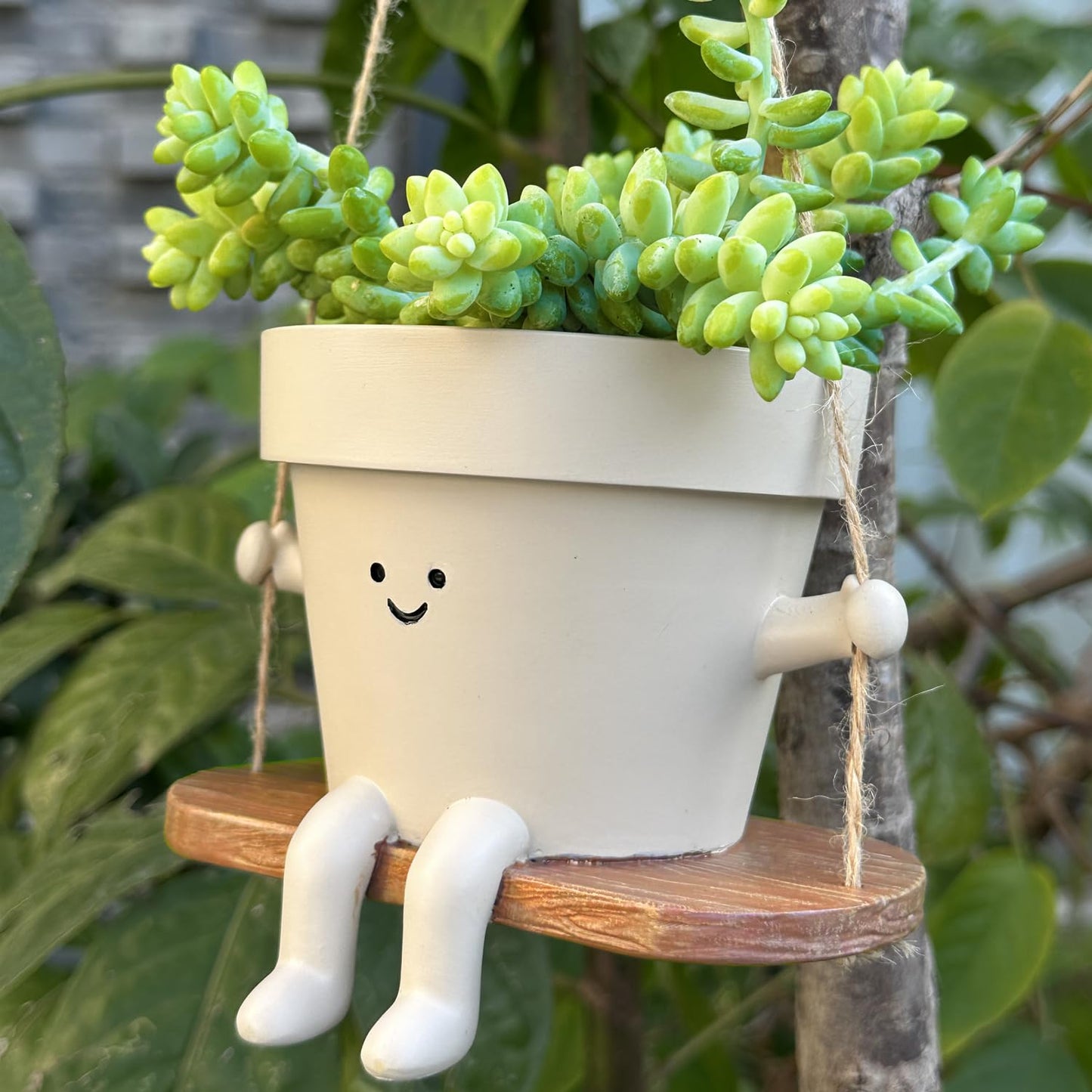 Hanging Planter Swing Face Plant Pot - Cute Resin Head Planters with Drainage Hole Indoor Outdoor Plant Holder, Succulent/String of Pearls Flower Pots, Unique Sitting Sway Pots, Gift Ideas for Mother