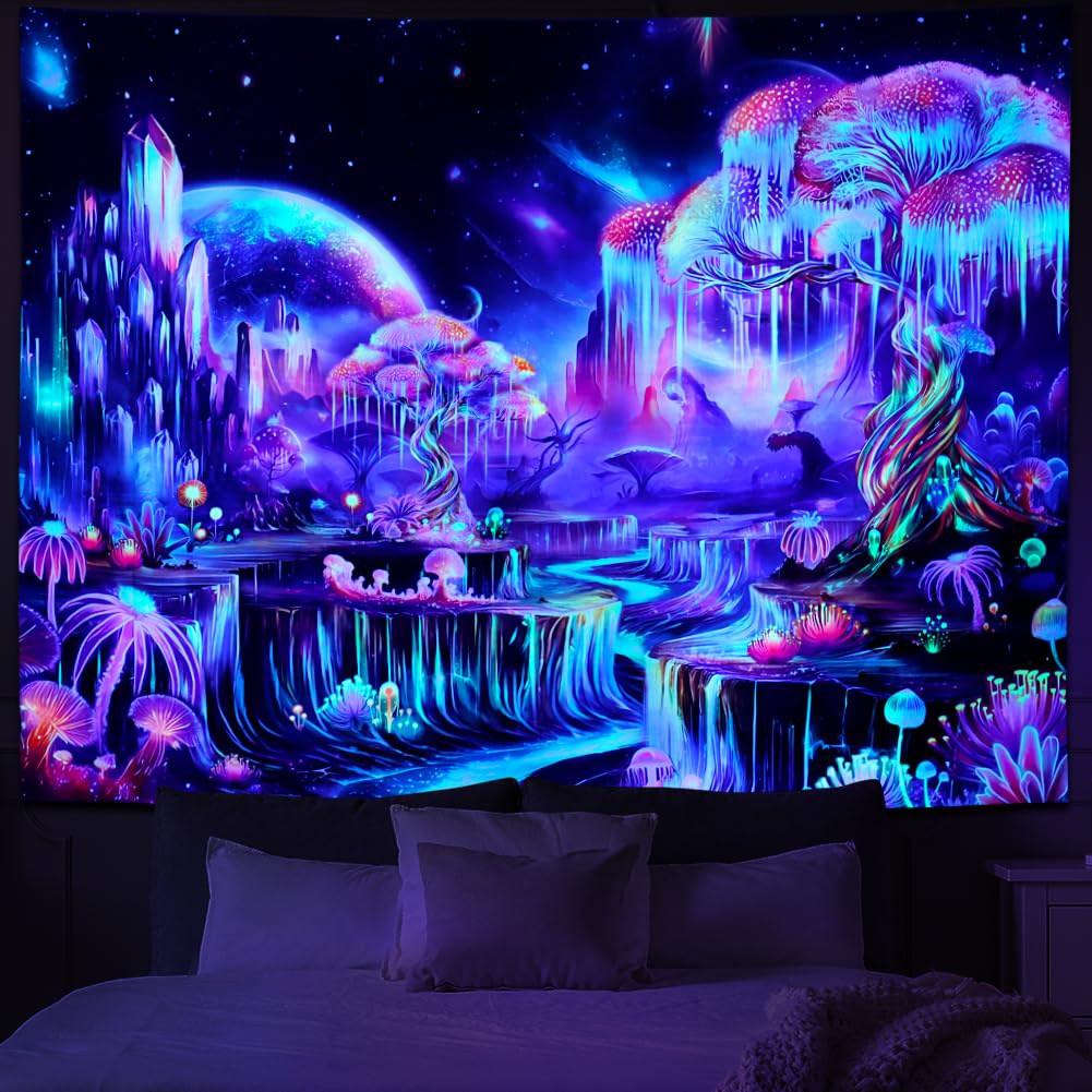 Obsecolors Blacklight Tapestry Fantasy Tree of Life Tapestry UV Reactive Galaxy Space Tapestries Colorful Plant Floral Mountain Landscape Tapestries Wall Hanging for Bedroom