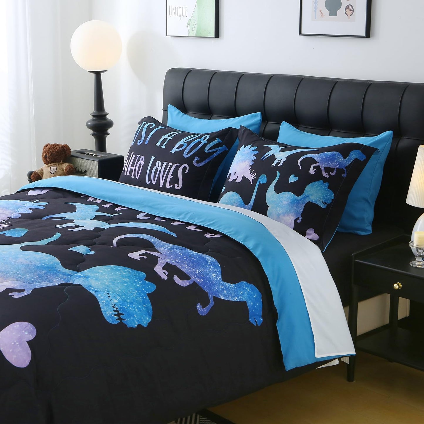 Jameswish 7 Piece Boys Dinosaur Comforter Set Twin Size Blue Dinonsaur Soft Microfiber Bed in A Bag with Comforter,Sheet Set,Pillowcase and Sham for Child Teens All Season
