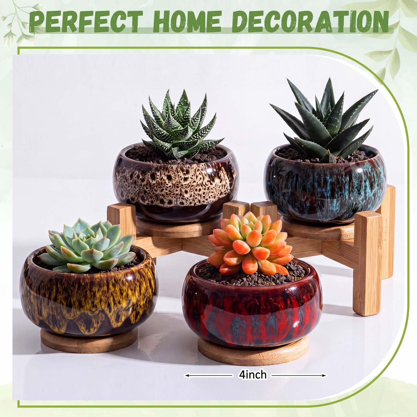 Acellegic 5 Pcs 7.3'' and 4'' Round Large Shallow Succulent Ceramic Planter Pots with Drainage Hole Drip Glazed Shallow Bonsai Pot with Bamboo Tray for Indoor Outdoor Plants Decor Cactus Flower
