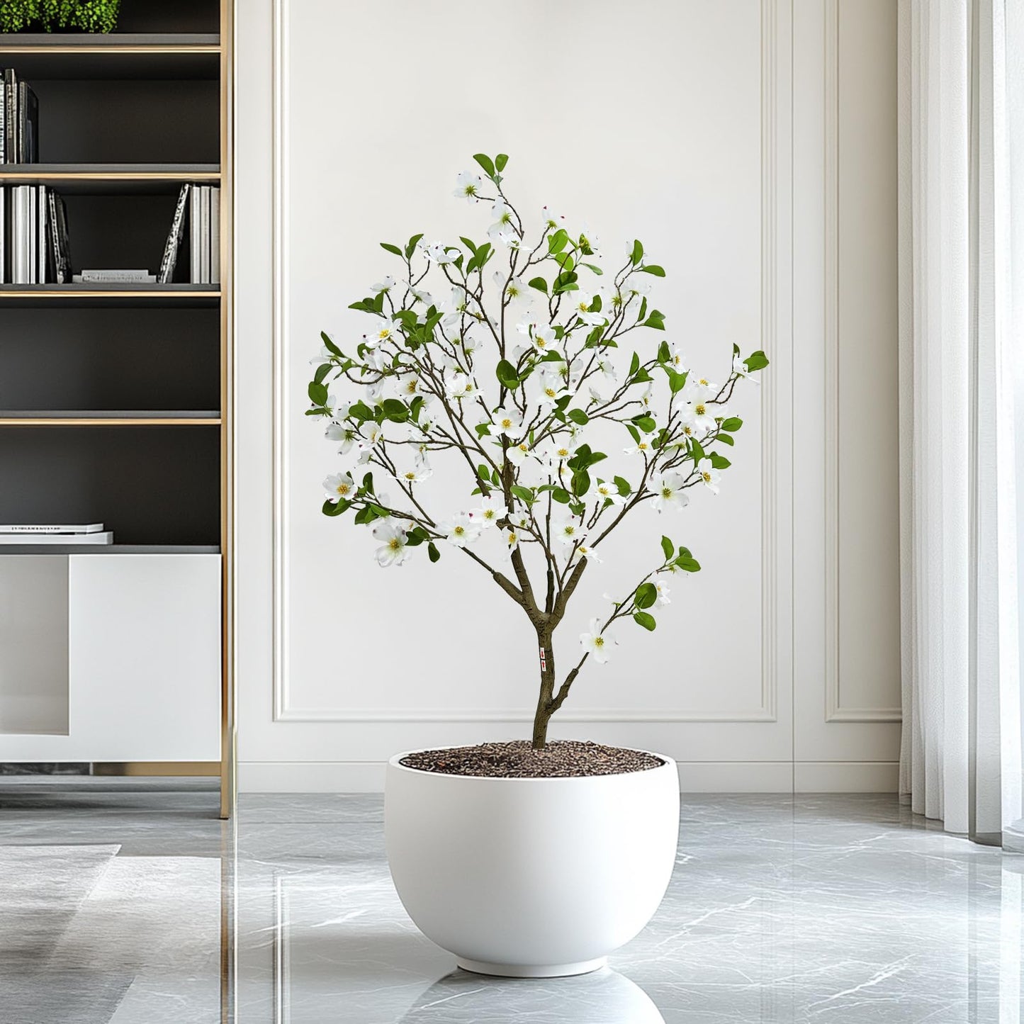 Artificial Dogwood Flower Tree 4ft, Faux Blooming Dogwood Tree with Realistic White Flowers, Potted Fake Tree for Home, Office, Living Room & Indoor Decor (4ft)