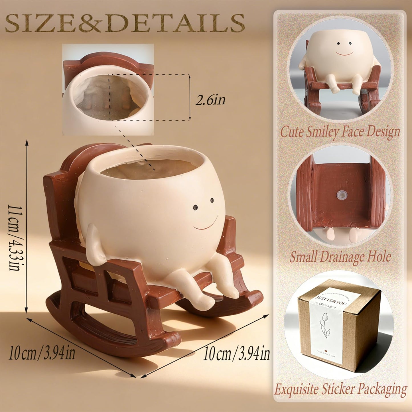 FURUBETA 4 Inch Rocking Chair Smiley Face Planter Pots with Drainage Hole, Resin Pot for Succulents, Cute Spring Indoor Outdoor Garden Decor, Unique for Plant Lovers