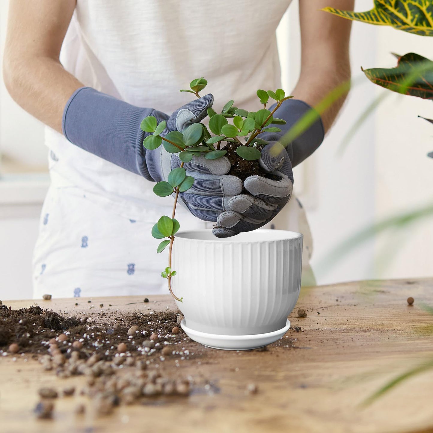 YUFDA 5.5 Inch Plant Pot, Ceramic Planter with Drainage and Saucer，Ceramic Pots for Plants, Indoor Plant pots，Succulent Orchid Flower Pot(Pure White,4 Pack)