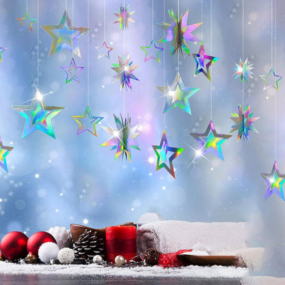 AimtoHome Holographic Star Garland Decorations– 14 Rainbow Paper Stars & 5.5ft 3D Twinkle Hanging Decor for Party, Home, Window, Door，Christmas Party Backdrop Decor (Modern Glitter Style)