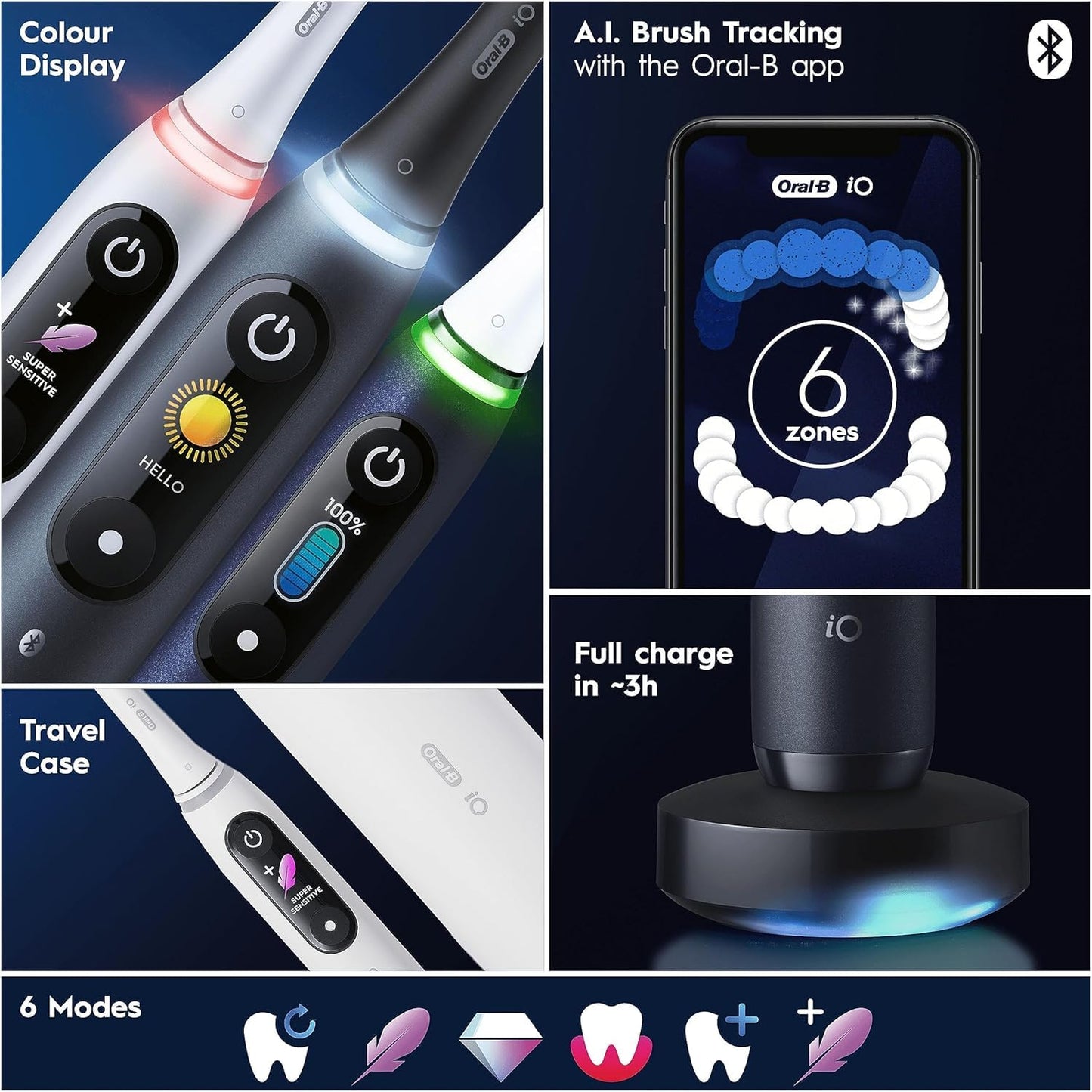Oral-B iO8 Electric Toothbrush For Adults, App Connected Handle, 3 Toothbrush Heads, Travel Case & Toothbrush Head Holder, 6 Modes, Teeth Whitening