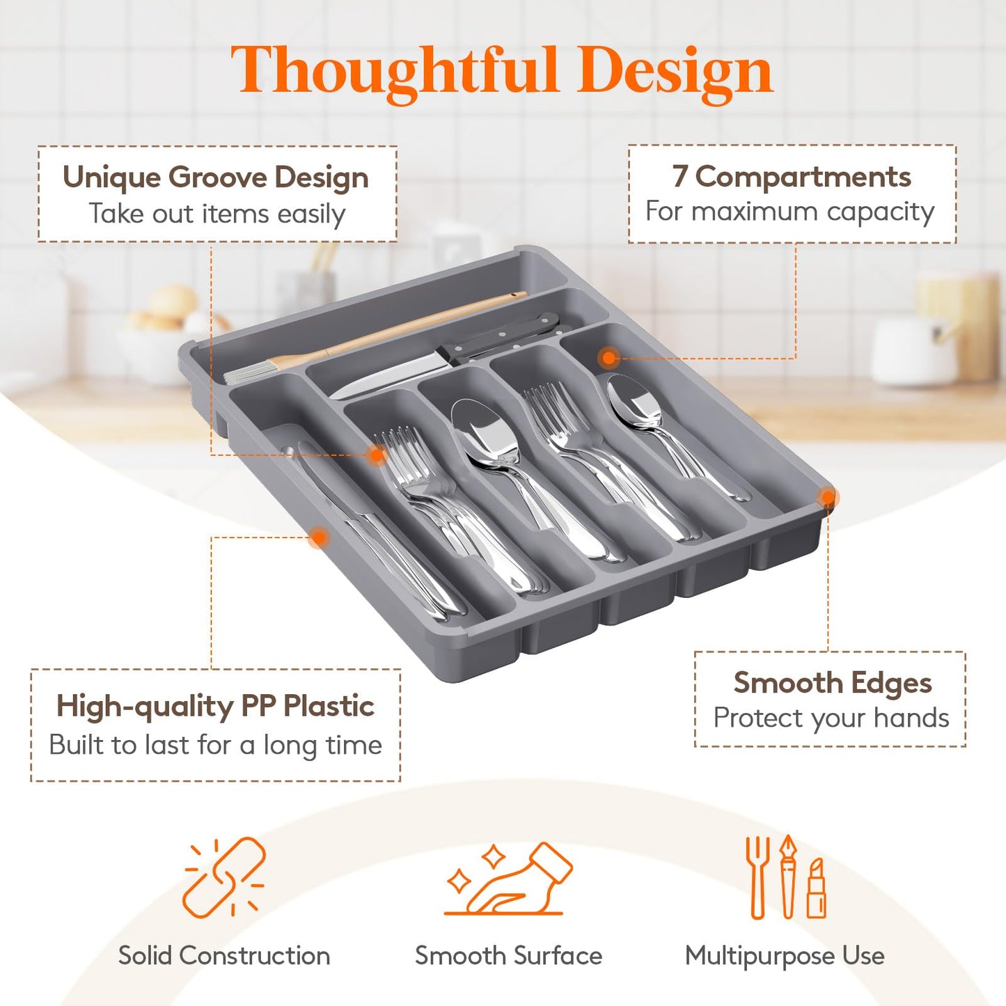 Lifewit Silverware Organizer with Lid, Covered Utensil Tray for Kitchen Drawer and Countertop, Plastic Cutlery and Flatware Storage Box for Spoons Forks Knives Holder Case, 6 Compartments, Black
