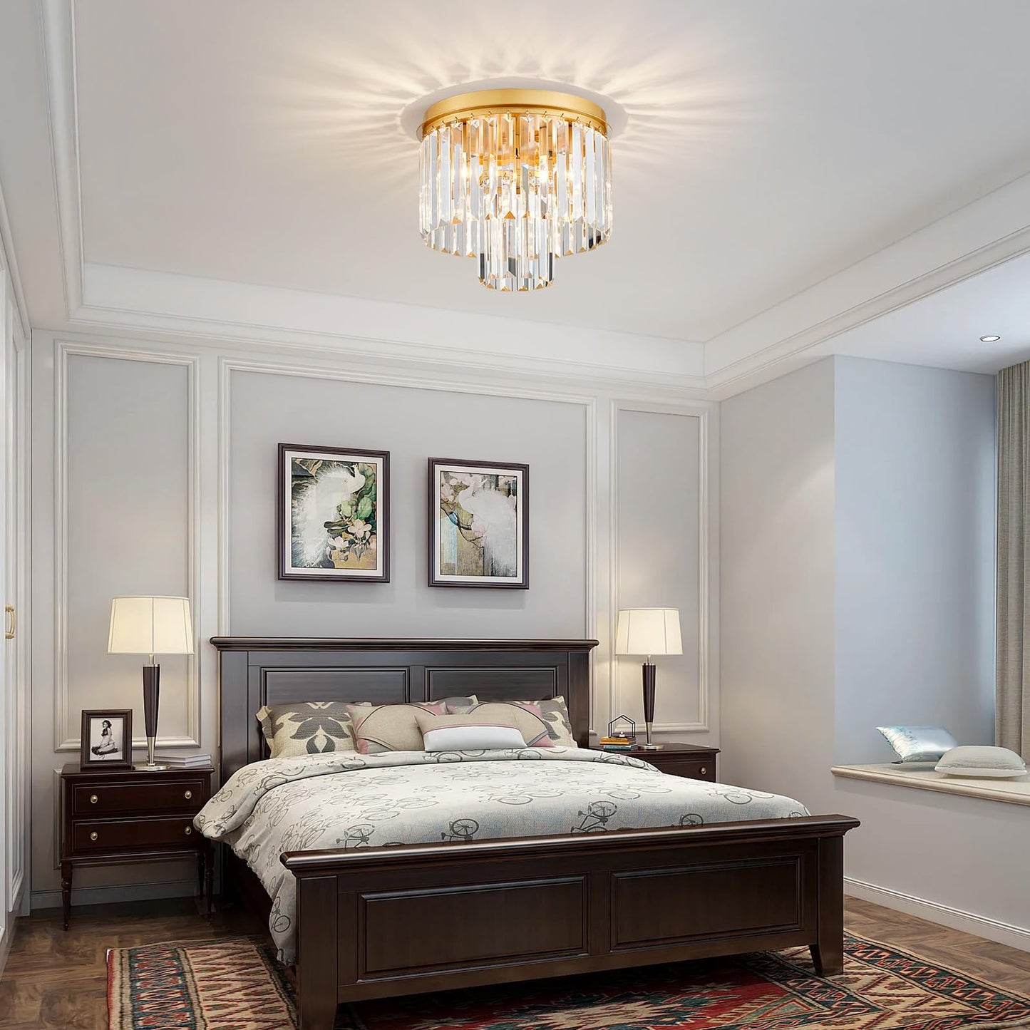 ElegLumi Crystal Ceiling Light, 3-Light Modern Flush Mount Ceiling Light Fixture for Living Room, Dinning Room, Hallway, D12 x H13inch, Brass Finish Frame & K9 Crystal
