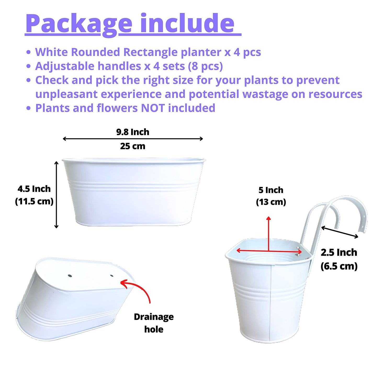 Maxona Metal Iron Hanging Flower Pots, 4 Pack, 9.8 Inch Oval White Railing Fence Hanging Bucket Pots Countryside Style Window Flower Plant Holder with Detachable Hooks Home Décor