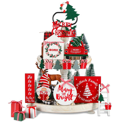 18 Pcs Christmas Tiered Tray Decor Gnome Santa Wood Sign Xmas Tree Table Centerpiece Farmhouse Rustic Table Decor for Winter New Year Home Tabletop