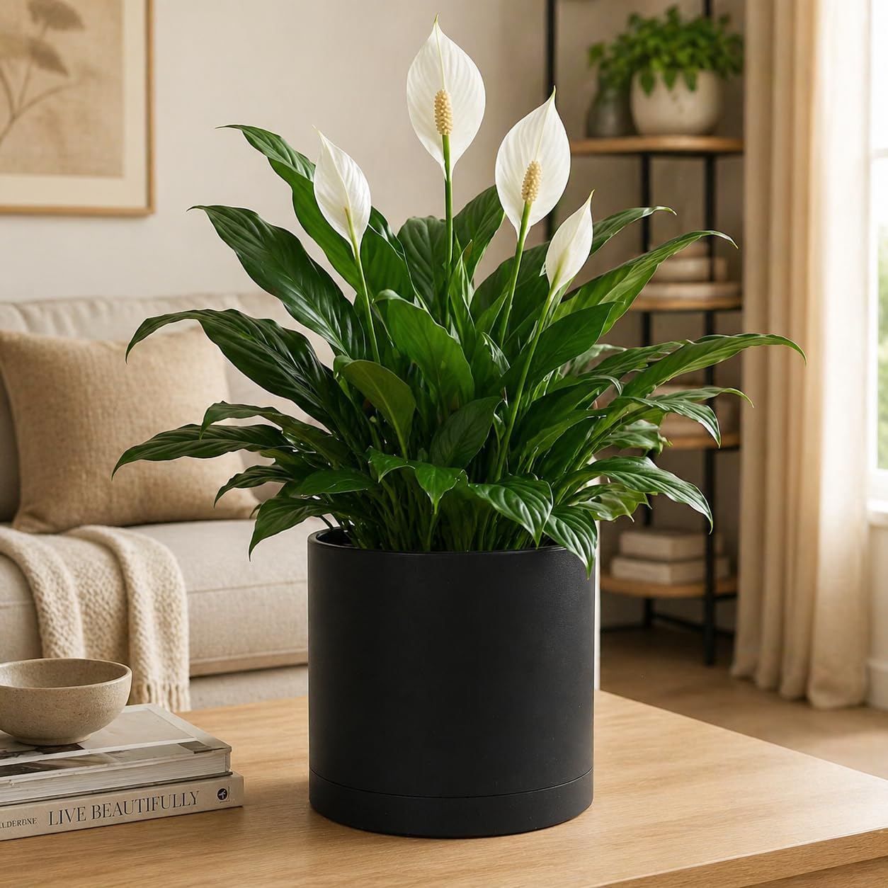 Giraffe Creation 12-Inch Round Cylinder Plant Pot, Modern Indoor/Outdoor Planter with Drainage Hole, Saucer & Water Reservoir, Black