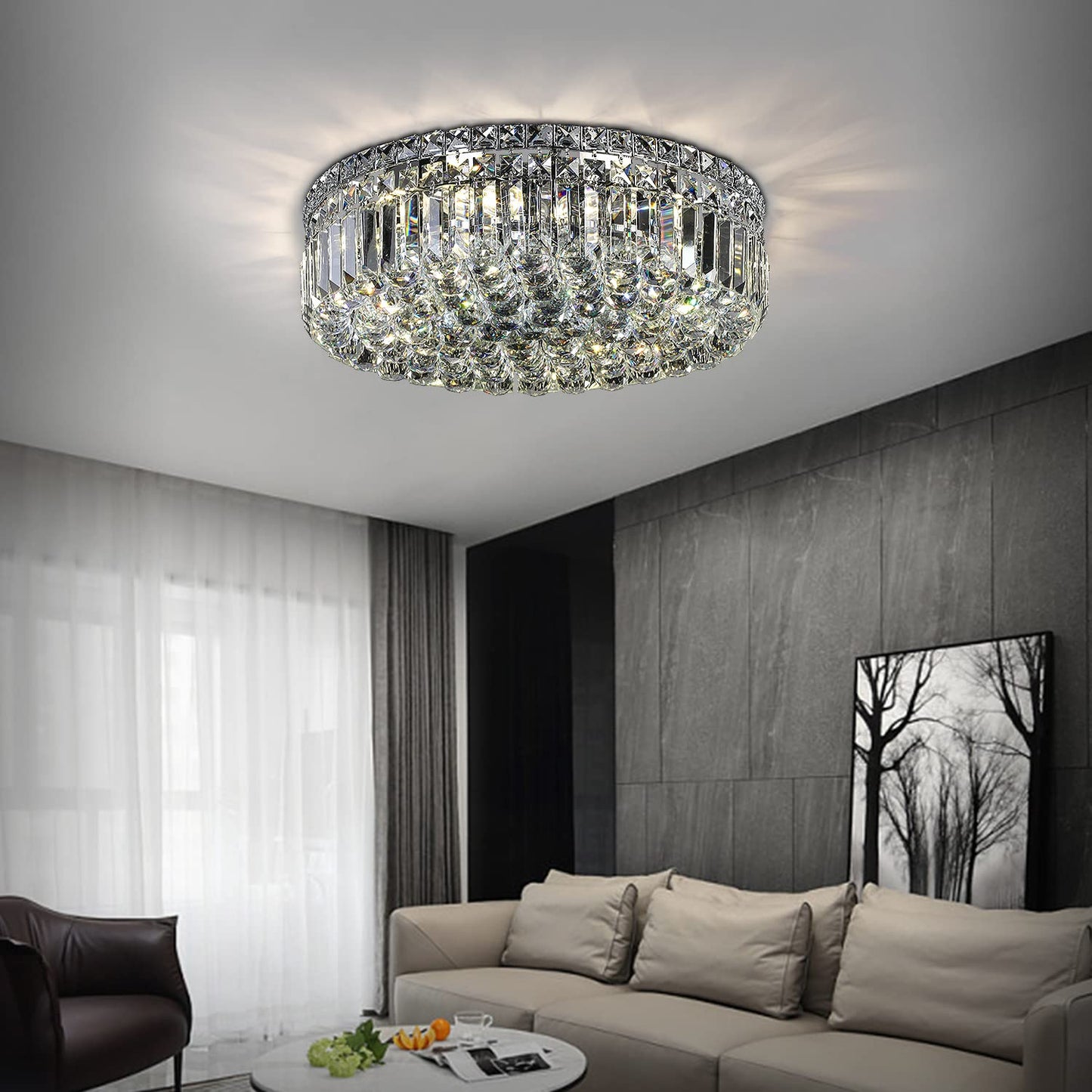 CEENLI 6-Lights Crystal Flush Mount Chandelier Light Fixture with K9 Crystals Modern Ceiling Lights Elegant Pendant Lamp for Bedroom,Hallway,Bar,Living Room,Dining Room,H5.9 xW20 (Bulbs Not Included)