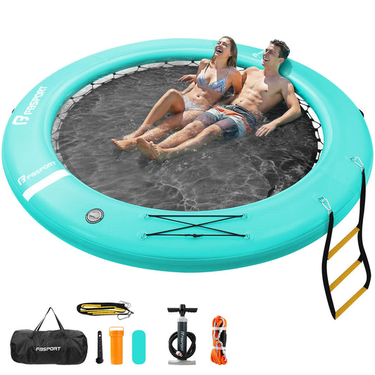 FBSPORT Inflatable Water Hammock Round Floating Ring, 8ft Inflatable Dock Floating Platform for Lake W/Cupholder, Sun Float Chill Raft Float Ring Tanning Pool Lounger Island Platform Pad