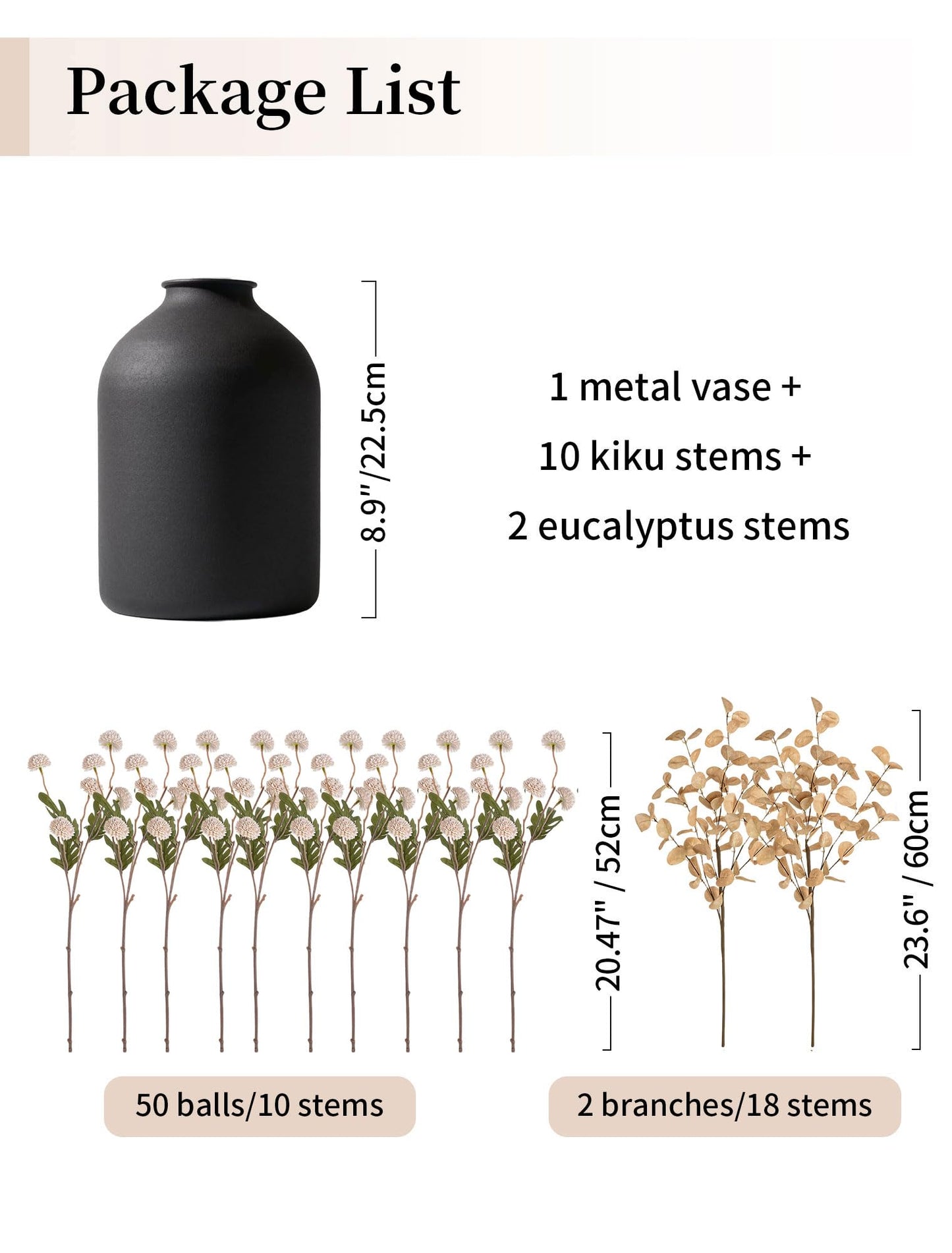 BLOSMON Fake Flowers Centerpieces for Tables: Gifts for Women Metal Vase with 12 Stems of Artificial Mums Kiku Eucalyptuses for Dining Room - Beige Faux Floral Arrangements in vase