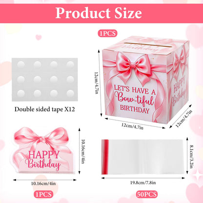 Ajcotahm Birthday Money Pull Box, Pink Bow Birthday Money Gift Box for Cash Birthday Surprise Boxes with 50 Transparent Bags Birthday Party Decorations for Women Girls