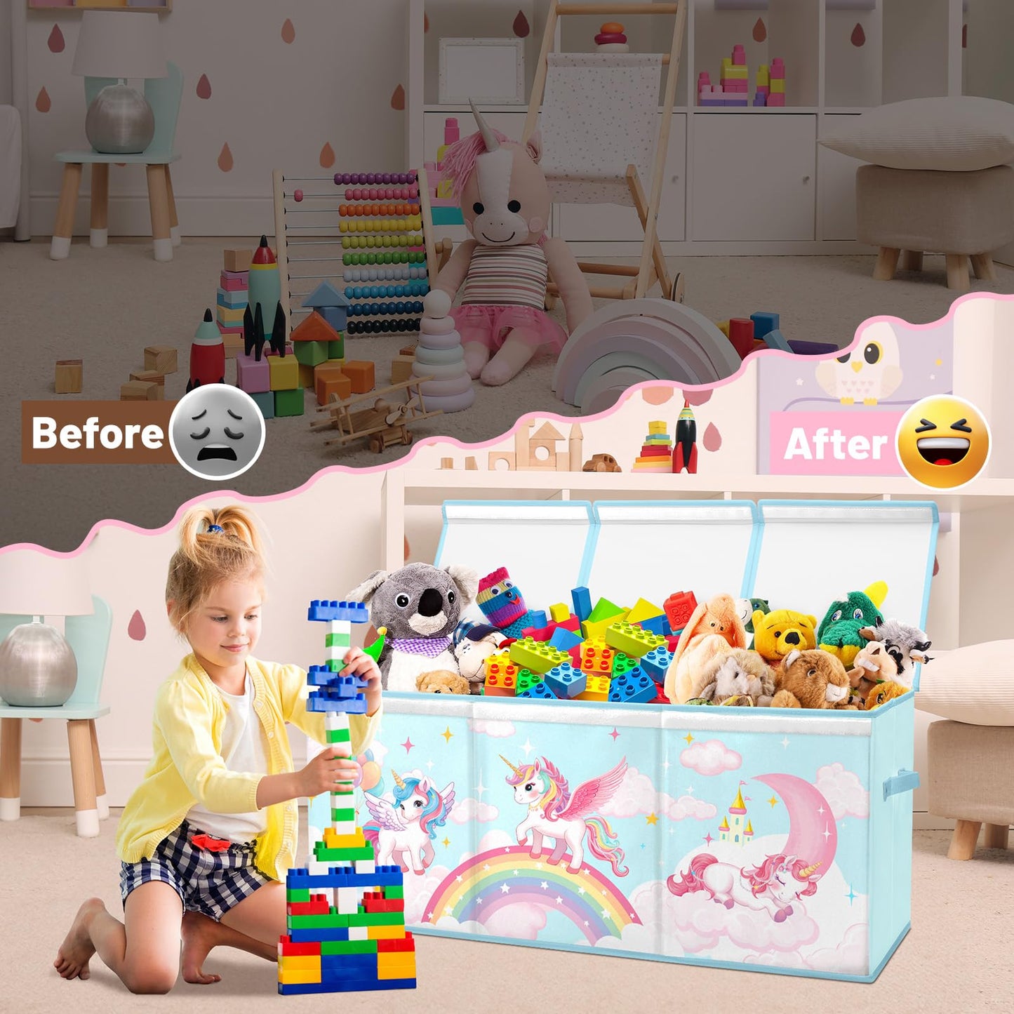 Toy Storage Bin with Lids,Extra Large Toy Box Chest with Handles for Kids Boys Girls,Collapsible Storage Organizer Box Bin Basket for Bedroom,Playroom, Nursery,37.8"x12.6" x15.7",Rainbow Unicorn