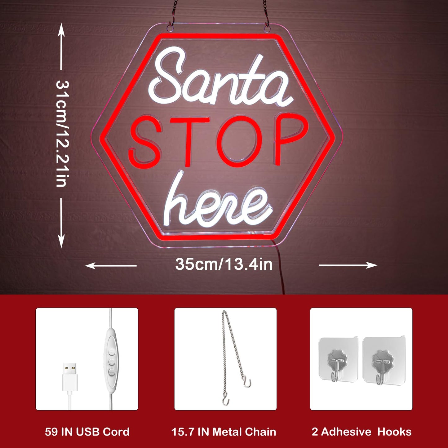 Santa Stop Here Neon Sign for Window Decor USB Powered Xmas Neon Wall Sign Festive Display Holiday Party Santa Stop Led Light for Back Drop Home Display