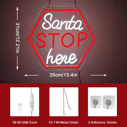 Santa Stop Here Neon Sign for Window Decor USB Powered Xmas Neon Wall Sign Festive Display Holiday Party Santa Stop Led Light for Back Drop Home Display