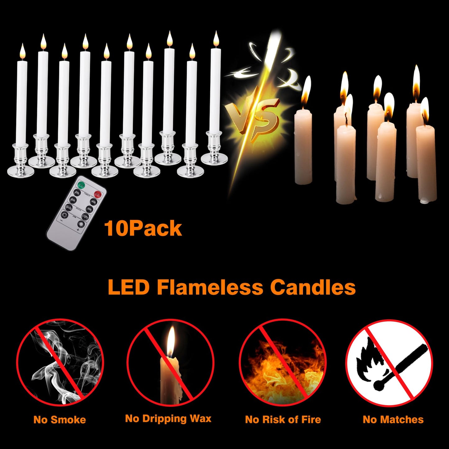 POQCCT LED Flameless Window Candles with Remote Timer 10 PCS Battery Operated Flickering Taper Candle Lights with Removable Gold Candle Holders Best Gift for Xmas Wedding Home Dinner Decor