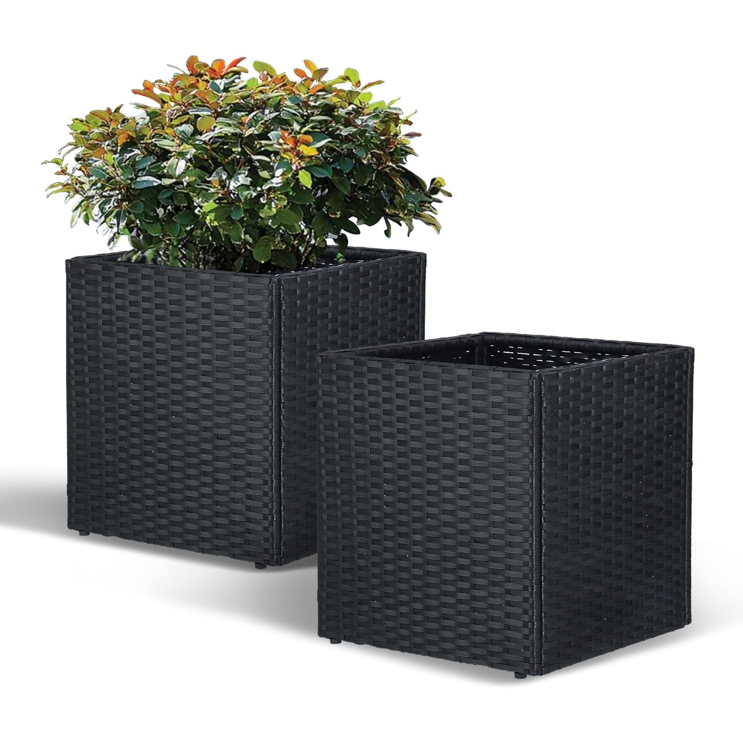 SUNNYPARK Set of 2 Large Square Planter with Removable Liner, All-Weather PE Rattan Modern Planters Indoor Outdoor Flower Plant Pots Garden Box Patio Yard Front Porch Deck