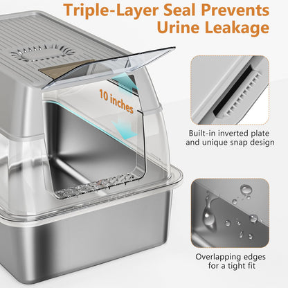 Stainless Steel Cat Litter Box with Lid, XL Extra Large Litter Box for Big Cats, Enclosed Removable Metal Litter Boxs with High Sided Enclosure & Scoop, Anti-Leakage, Non-Sticky, Easy Cleaning(Grey)