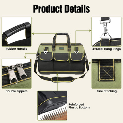Tool Bag, Ounic 18 Inch Large Tool Tote Bag Heavy Duty With Waterproof Molded Base, Wide Mouth Tool Box Organizer with Adjustable Shoulder Strap for Electrician Mechanic Craftsman Plumbers(Green)