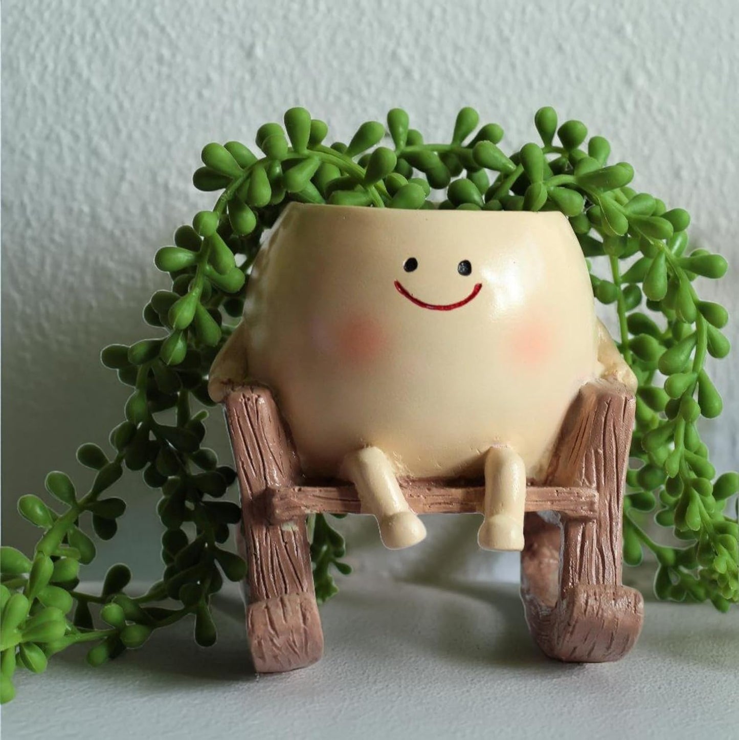 AK Cute Resin Smiling Face Planter Pot with Chair Stand, Handpainted, Brown, for Home, Garden & Living Room Decor