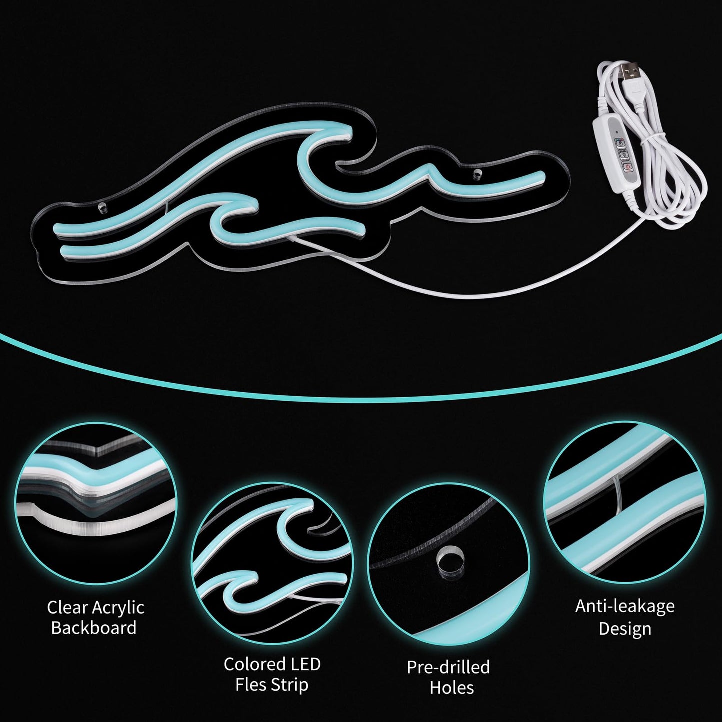 MissAudrey Wave Neon Signs with Cycle Timer, 15 * 5.1" Dimmer Ice Blue Wave Led Neon Light Sign For Kids Wall Decor USB Powered For Living Room Bar Bedroom Decorations Christmas Gift