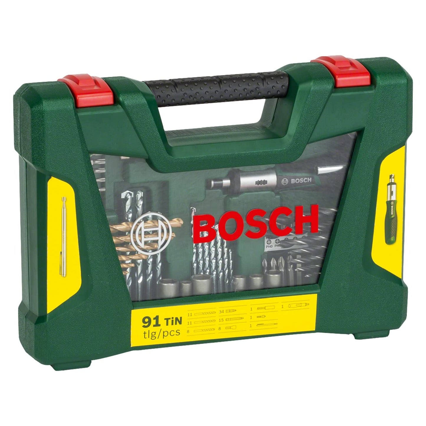 Bosch 2607017195 91-Piece Titanium Drill and Screwdriver Bit Set, V-Line (for Wood, Masonry and Metal, Including Ratchet Screwdriver and Magnetic Rod, Accessories for Drills and Screwdrivers), Green