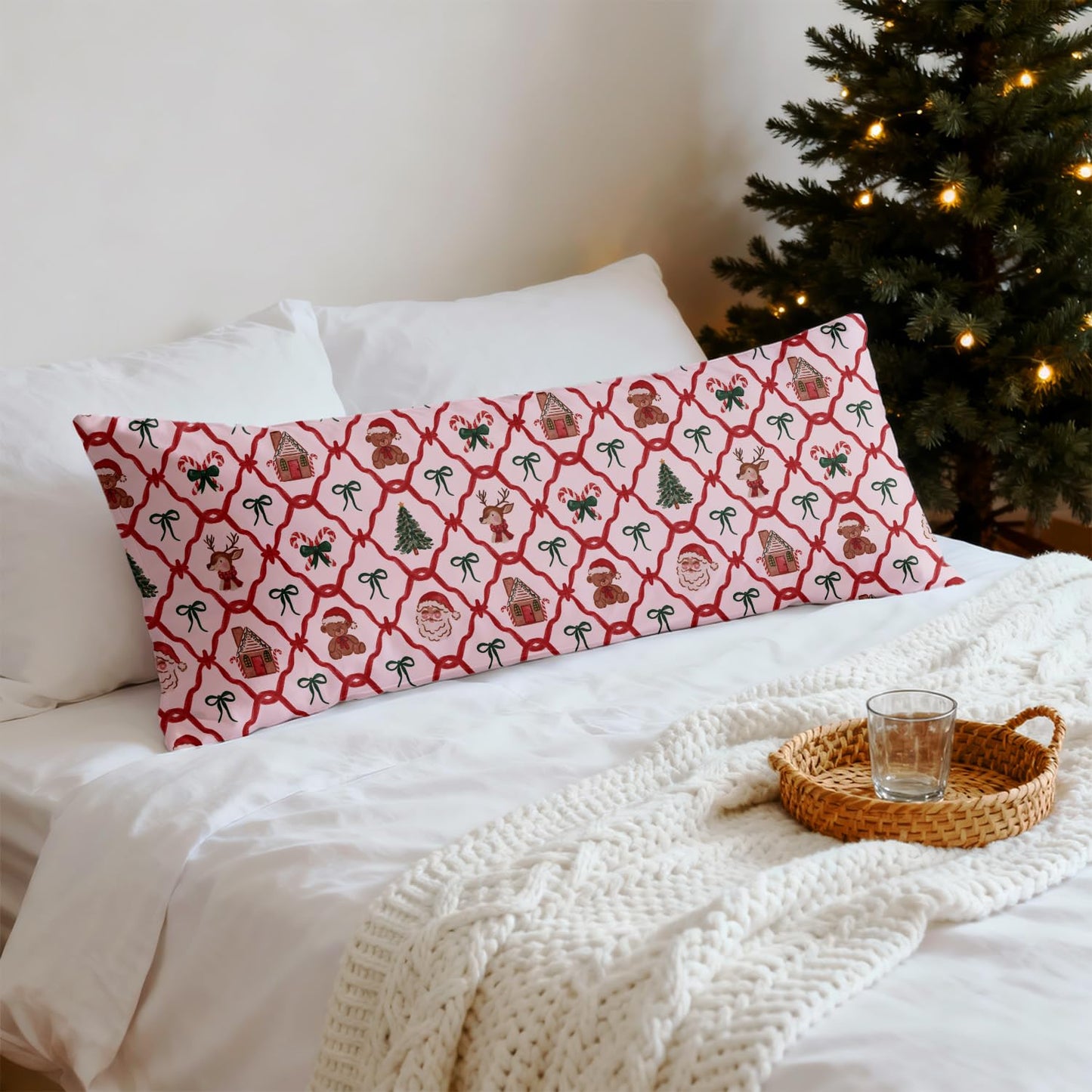 Mancheng-zi Red and Green Christmas Bow Trellis 20x54 Body Pillow Cover Pillowcase with Zipper, Coquette Christmas Decor, Retro Xmas Santa Reindeer Decorative Long Hug Pillow Cases for Bed Couch