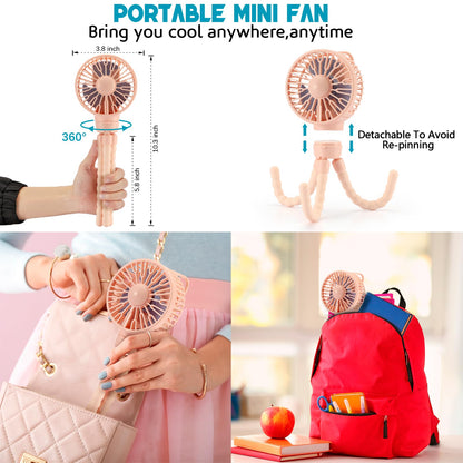 snawowo Mini Portable Stroller Fan, Battery Operated Personal Small Handheld Fan with Flexible Tripod, 3 Speed Rechargeable Clip On for Car Seat Crib Treadmill Travel Camping Pink